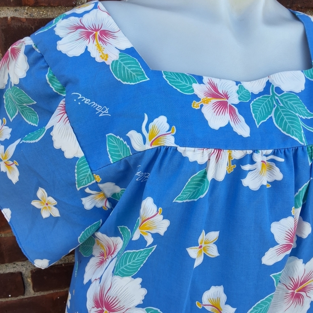 Vintage Hawaiian Blue Hibiscus Floral Puff Sleeve Ruffle Hem Dress XL - Picture 3 of 10